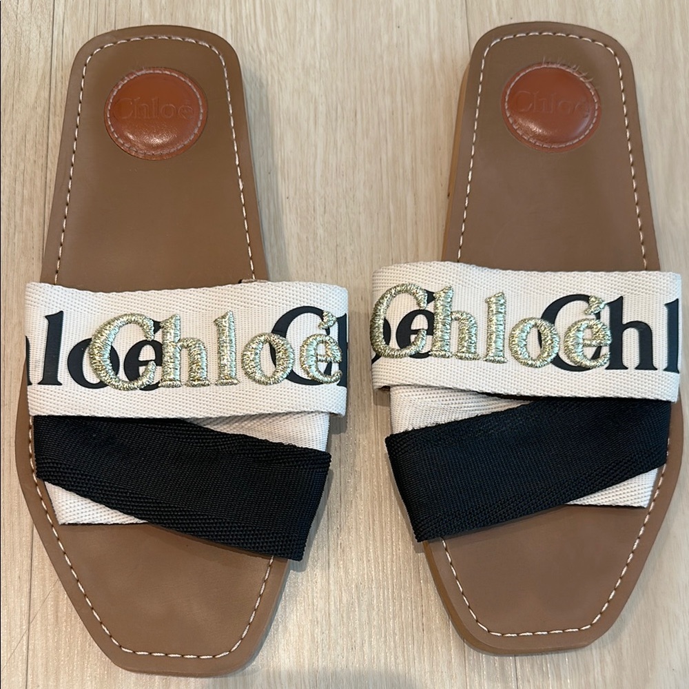Chloe Two-Tone Tan, Black & Cream Logo Slide Sandals